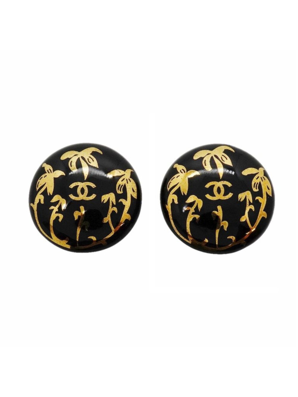 Chanel Earrings Vintage CC Logo Round Circle Gold Plated Black